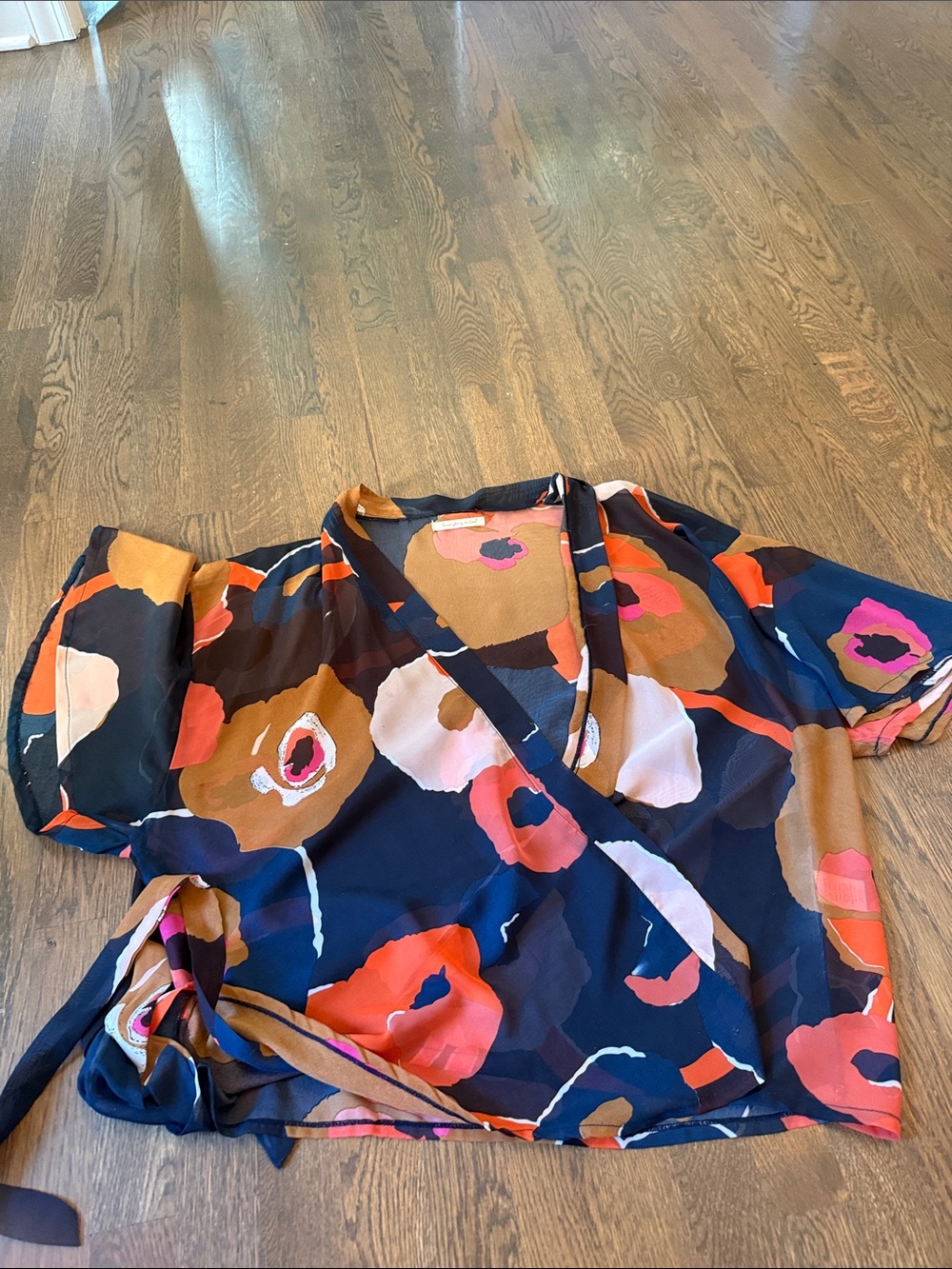 Anthropologie do everything in love Navy Floral Wrap Blouse with Coral.tan